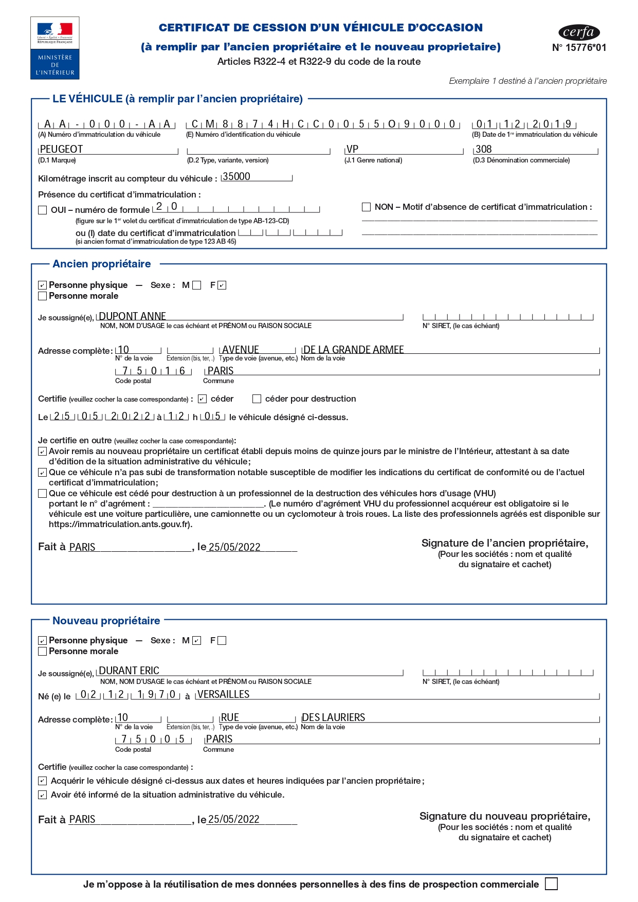 Exemple de certificat de cession rempli